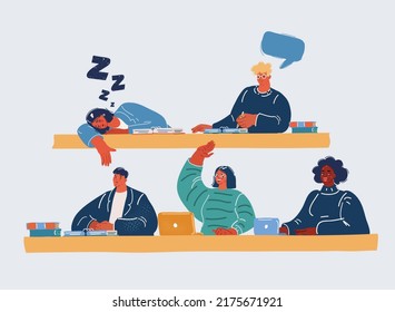 Cartoon vector illustration of Students writing in the exam hall of the college