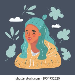 Dibujo vectorial de dibujos animados de un retrato Studio de jóvenes con cabello verde sobre fondo oscuro.