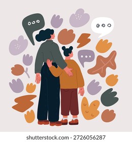 Cartoon, Vektorgrafik von Studioaufnahme von Mutter und Tochter, die auf etwas zeigt, Rückansicht