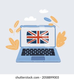 Cartoon vector illustration of Study English language. Flag on laptop screen on white backround.
