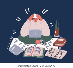 Cartoon vector illustration of Study man modern student or learner studying remotely from home, online student. Online education, training and courses, learning over dark background