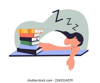 Cartoon vector illustration of Studying And Education. Stressful work, Stress at workplace. Students sleeping desks learning. Sad, tired or exhausted woman. Reading Books during Lecture.