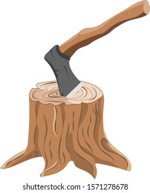Cartoon vector illustration of  stump and axe isolated, white background