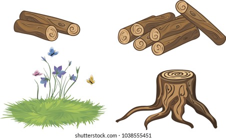 Cartoon vector illustration of stump,  sawed woods and flowers isolated on white background