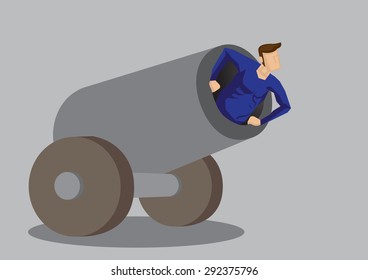 Cartoon vector illustration of a stunt performer in the mouth of a cannon on wheels isolated on grey background.