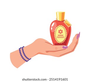 Cartoon Vector Illustration Of Stylish Hand Holding A Red Perfume Bottle With Charming Flower Design