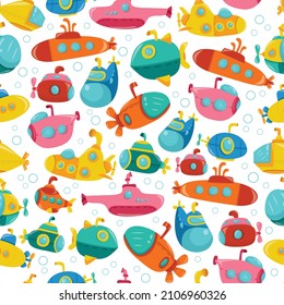 A cartoon vector illustration of cartoon submarines seamless pattern background.