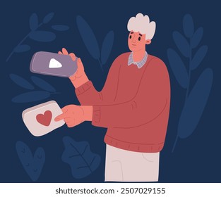 Cartoon vector illustration of Subscribe button. Man holds red button in his hands for channel and video blog in social media over dark background