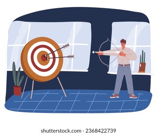 Cartoon vector illustration of Success. Businessman aiming target. Concept business over dark backround