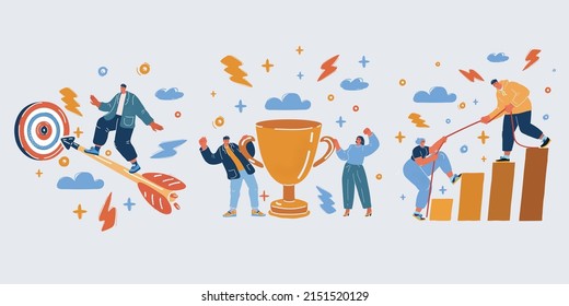 Cartoon vector illustration of success people. Man fly on arrow to garget. Team with thropy gold cup, man help woman reach next level over dark backround.