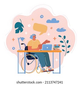 Cartoon vector illustration of Successful business woman disabled person sitting at wheelchair working at the office
