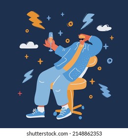 Cartoon vector illustration of successful business man drink champagne to celebrating over dark backround.