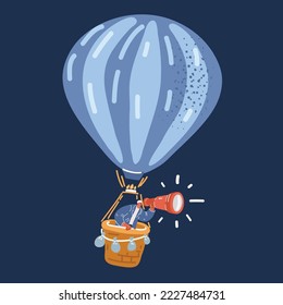 Cartoon vector illustration of Successful businessman with spyglass fly on hot air balloon searching for new business opportunityover dark background