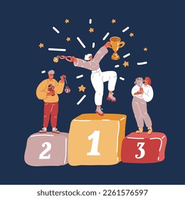 Cartoon vector illustration of Successful Businesswoman Holding Huge Golden Goblet in Hands Business Goal Achievement. Best Team, Victory Trophy Concept over dark background