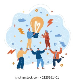 Cartoon vector illustration of Successful concept great idea. Team generated solution and brainstorming together.