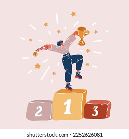 Cartoon vector illustration of Successful confident business woman is on the first place on the pedestal