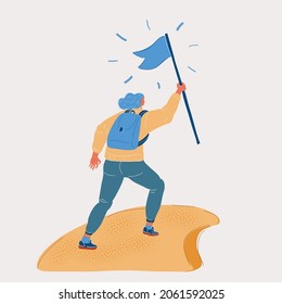 Cartoon vector illustration of Successfull woman achieved flag on the top of mountain. Celebrating business success on peak of mountain on white