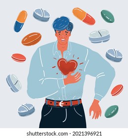 Cartoon vector illustration of Sudden chest pain: Man having a heart attack bending. Medicine around on white background.