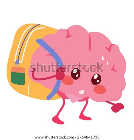 Cartoon vector illustration of a suffering brain mascot carrying a heavy backpack representing mental burden, stress, workload and emotional pressure