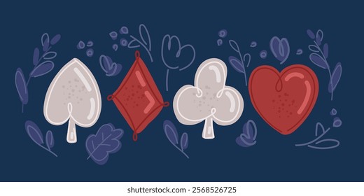 Cartoon vector illustration of Suit of playing cards. Set of playing card suits Cart suit set. Clubs, hearts, diamonds, spades over dark backround