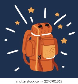 Cartoon vector illustration of Summer backpackers camping over dark backrground