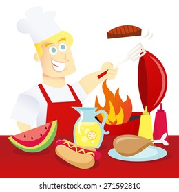A cartoon vector illustration of summer bbq: a happy guy in apron barbecuing meat in front of a table of food.