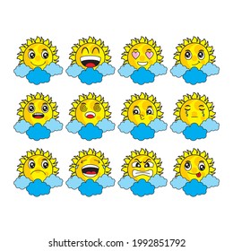 ilustración vectorial de dibujos animados del sol cubierto en nubes con una expresión facial feliz y divertida