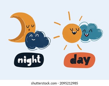 Cartoon vector illustration of Sun and the Moon. Day and night symbols