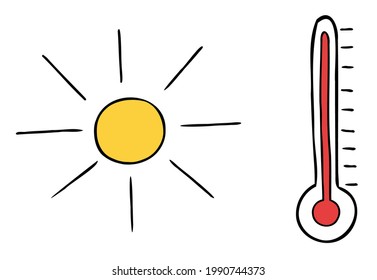 Cartoon Vektorgrafik von Sonne, Thermometer und sehr heißem Wetter. Farbige und schwarze Umrisse.