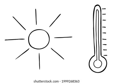 Dibujo vectorial de dibujos animados de sol, termómetro y clima muy caluroso. Color blanco y negro delineado.