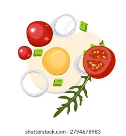 Cartoon vector illustration of a sunny side up fried egg with sliced cherry tomatoes, onion rings, and arugula. Breakfast food scene.