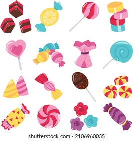 A cartoon vector illustration of super colorful cheerful candy set.