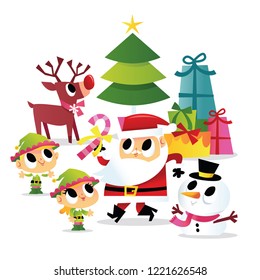 A cartoon vector illustration of super cute cartoon santa and elves with snowman and reindeer in a christmas party.