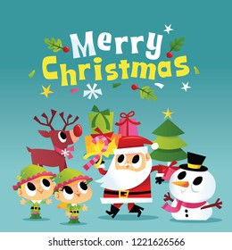 A cartoon vector illustration of super cute merry christmas party with santa, christmas elves, reindeer and snowman.