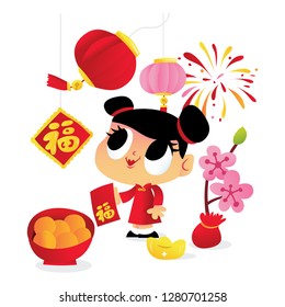 A cartoon vector illustration of super cute happy chinese new year asian girl and festive decorations like lanterns, fireworks, flowers and mandarin oranges.