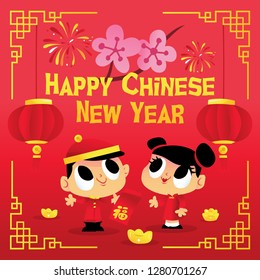A cartoon vector illustration of super cute happy chinese new year boy with a girl and other lunar new year decorations on a red background with oriental frame.