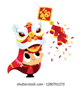 A cartoon vector illustration of super cute happy chinese new year lion dance boy and a loud fire cracker.