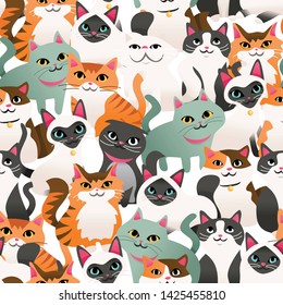 A cartoon vector illustration of super cute cats and kittens seamless pattern background.