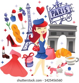 A cartoon vector illustration of super cute paris shopping and food culture. A happy girl is going shopping in the paris city and she is surrounded by iconic landmarks and food.