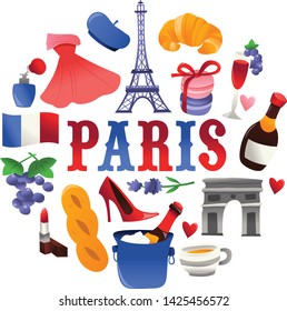 A cartoon vector illustration of super cute paris culture icons, landmarks and food round decorations.