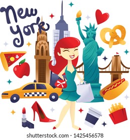 A cartoon vector illustration of super cute new york shopping and food culture. A happy girl is going shopping in the new york city and she is surrounded by iconic landmarks and food.