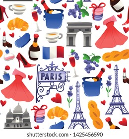 A cartoon vector illustration of super cute paris landmarks, foods and culture seamless pattern background.