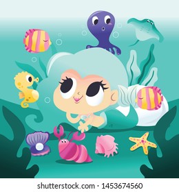 A cartoon vector illustration of a super cute mermaid princess lying down underwater with her sea creature friends like octopus, fishes and more.