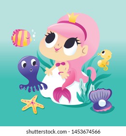 A cartoon vector illustration of a super cute mermaid princess sitting on a rock underwater with her sea creature friends.