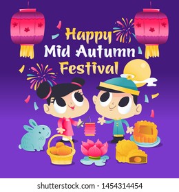 A cartoon vector illustration of super cute mid autumn festival night with happy kids, lanterns, mooncake and holiday greeting phrase.