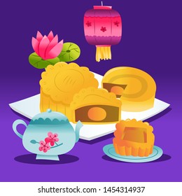 A cartoon vector illustration of super cute mid autumn festival mooncake tea party with lantern.