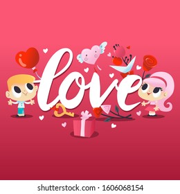 A cartoon vector illustration of a super cute kids couple with a giant love phrase on a red background.