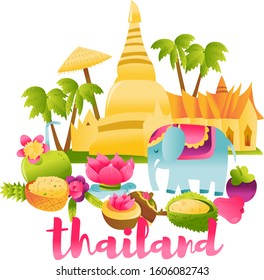 A cartoon vector illustration of super cute thailand landmarks and food culture scene.