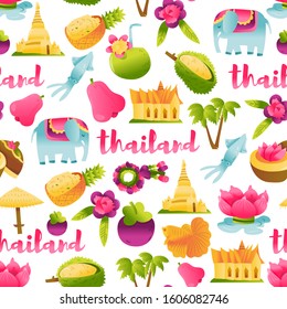 A cartoon vector illustration of super cute thailand landmarks, foods and culture seamless pattern background.