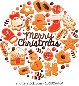 A cartoon vector illustration of super cute gingerbread christmas cookies round decoration with merry christmas phrase.